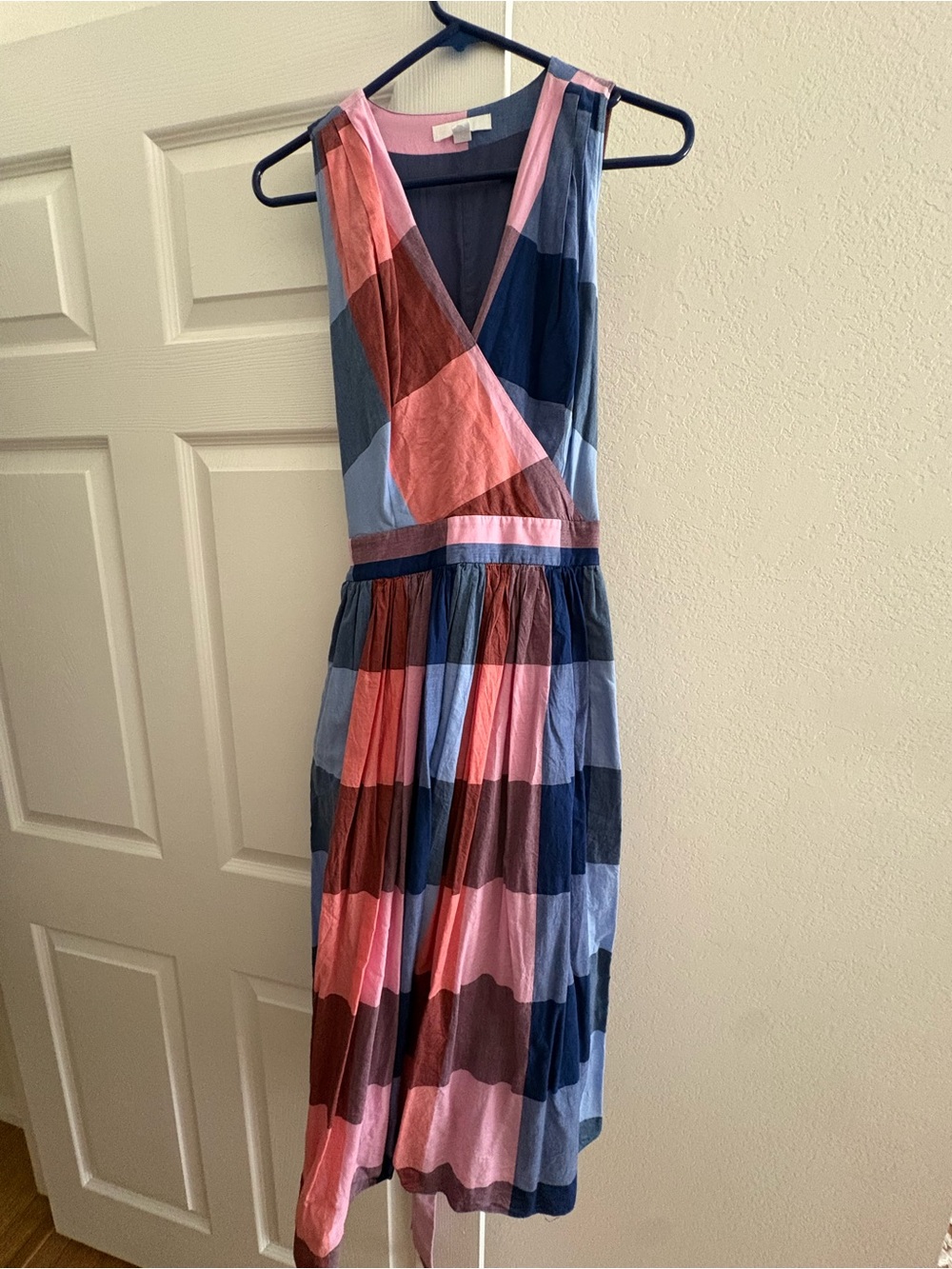 Plaid V-Neck Sleeveless Midi Dress in Pink and Blue